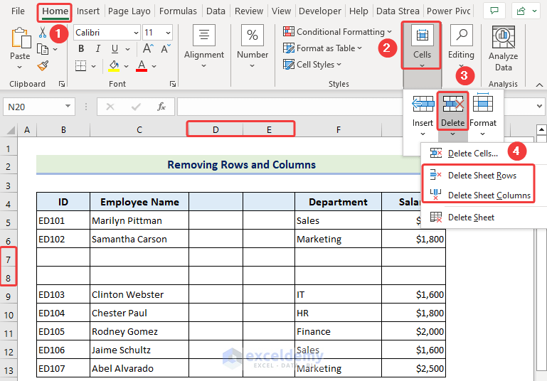 selecting the Delete Sheet Rows and Delete Sheet Columns options