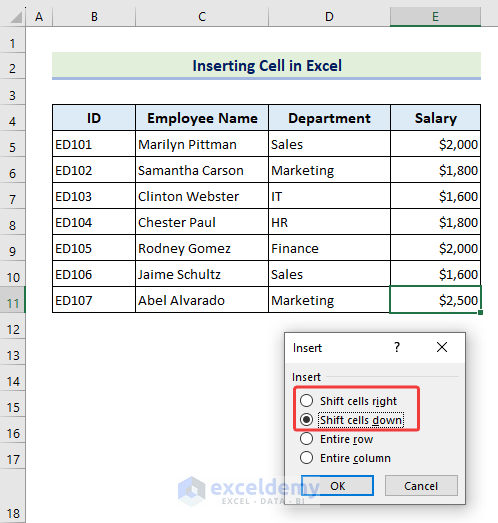 selecting Shift cells down option