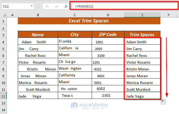 Using Excel TRIM Function to Trim Spaces of String Values