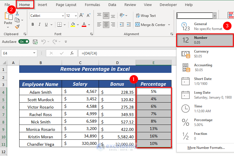 Remove Percentage Using Number Format in Excel