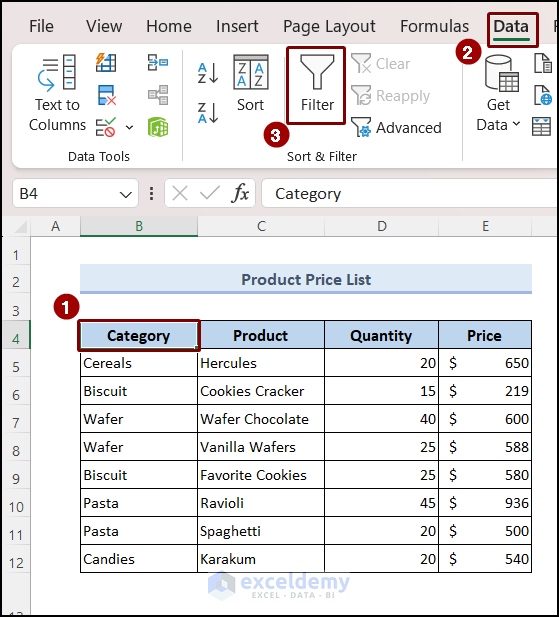 adding filter in Excel