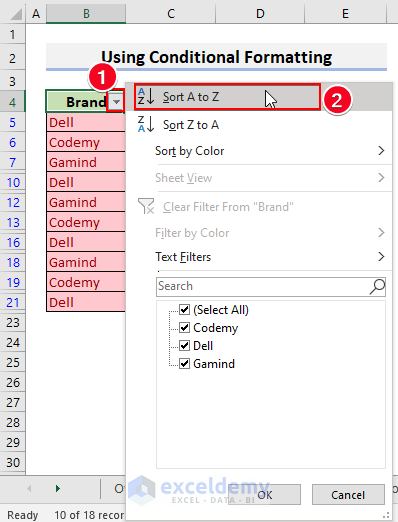 7-Use Sort A to Z command to sort our dataset alphabetically