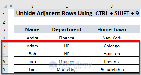 Shortcuts to unhide rows in Excel using CTRL + SHIFT + 9
