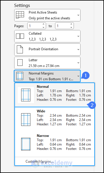margin settings options in Excel