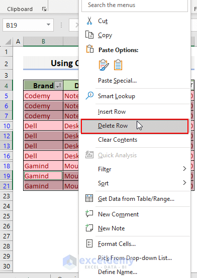 9-Selecting Delete Row feature to delete duplicate rows