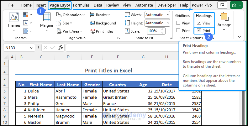 navigating print option to print headings in Excel