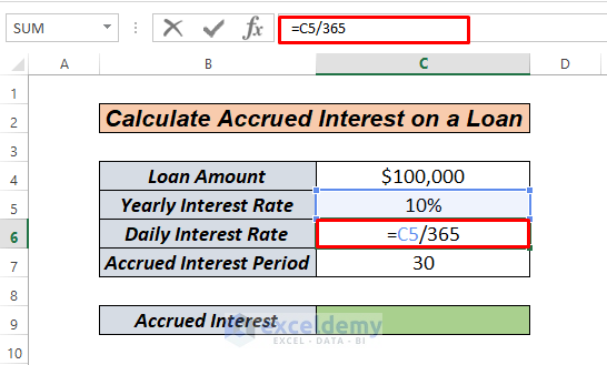 Calculate Accrued Interest on a Loan in Excel manually