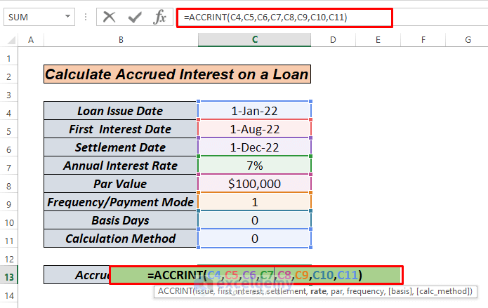 How to Calculate Accrued Interest on a Loan in Excel with ACCRINT function