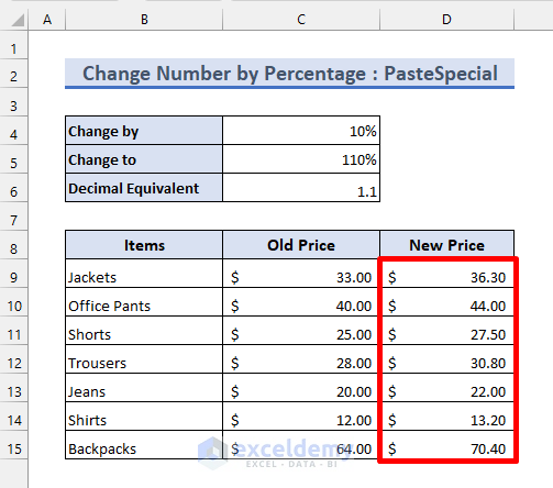 Add 10 Percent to a Number using PasteSpecial
