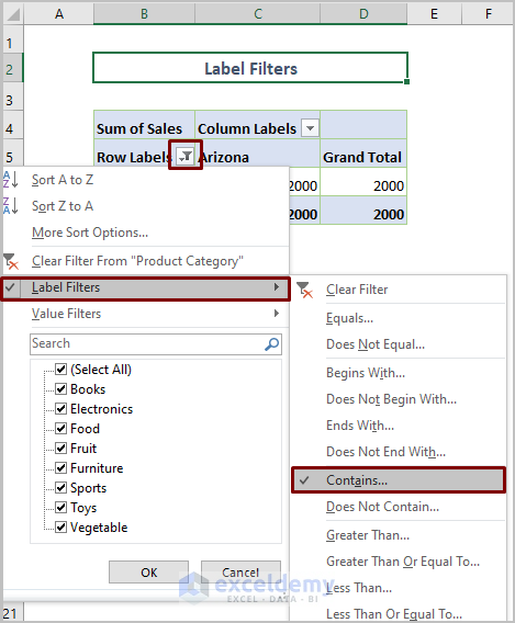 Applying Label Filters to Filter Excel Pivot Table