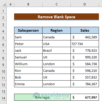Remove Blank Space When the Average Formula Is Not Working in Excel
