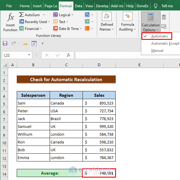 Check for Automatic Calculation If the Average Formula Is Not Working in Excel