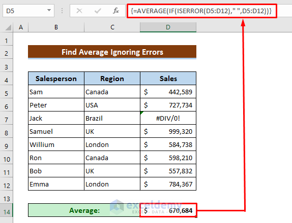 Find Average Ignoring Errors in Excel