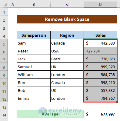 Remove Blank Space When the Average Formula Is Not Working in Excel