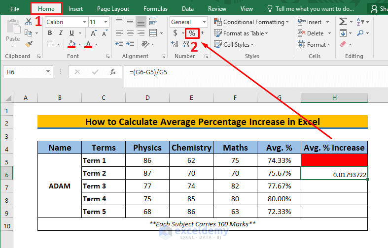 Formula Explanation Here, (G6-G5) represents the difference between the two averages in Terms 1 and 2. That’s why we need to divide it by G5 to calculate our desired average percentage increase.