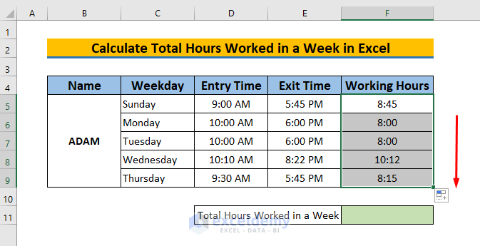 how to calculate total hours worked in a week in excel