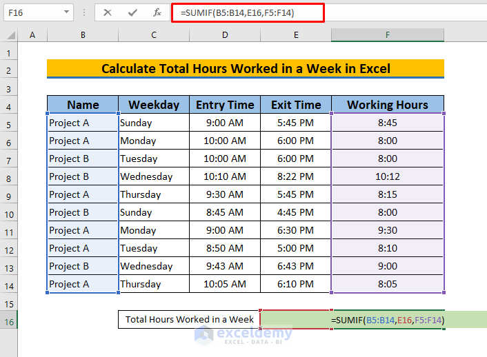 how to calculate total hours worked in a week in excel
