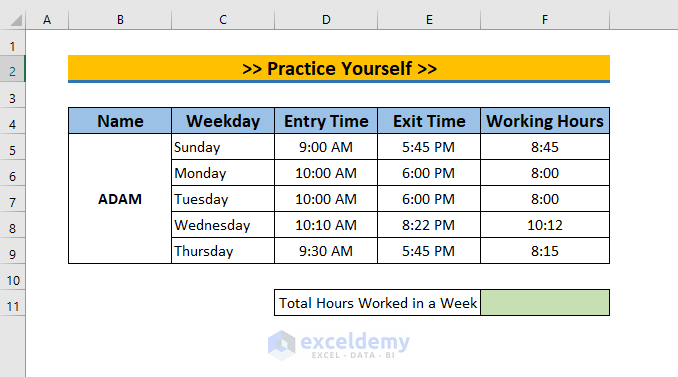 how to calculate total hours worked in a week in excel