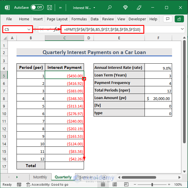 Calculate Quarterly Interest in Excel with Payments