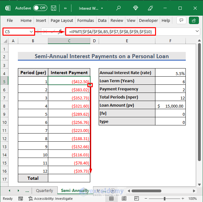 Calculate Semi-Annual Interest in Excel with Payments