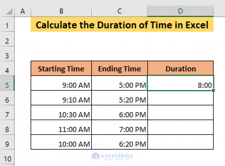 How To Calculate The Duration Of Time In Excel 7 Methods Exceldemy