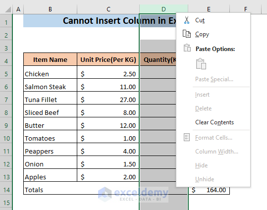 CANNOT INSERT COLUMN IN EXCEL