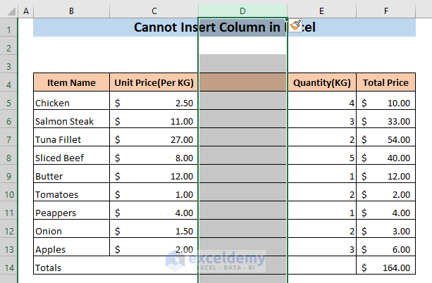 CANNOT INSERT COLUMN IN EXCEL