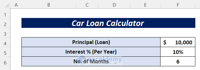Car Loan Calculator in Excel Sheet: Inputs