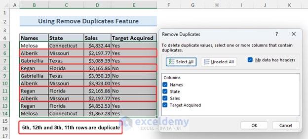 Checking more column contents to remove all duplicate values in a row