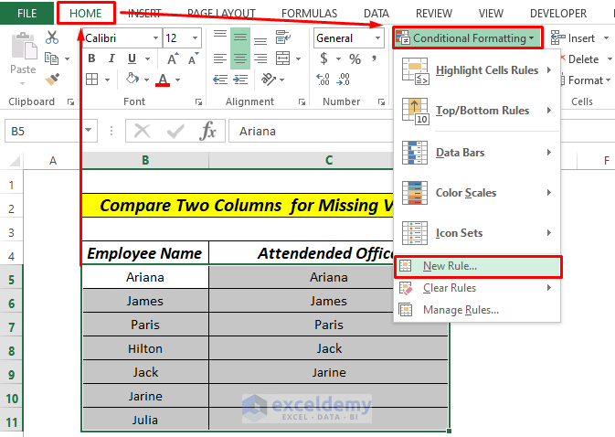 Compare Two Columns for Missing Values using conditional formatting