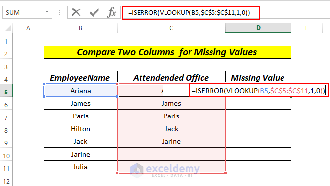 Compare Two Columns in Excel for Missing Values with vlookup