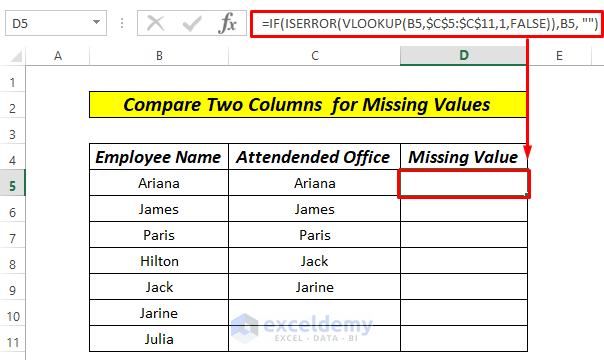 Compare Two Columns for Missing Values with if,vlookup and iserror