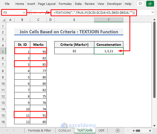 The TEXTJOIN Function in excel to concatenate multiple cells based on criteria