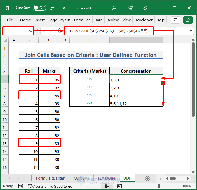 User Defined Function in excel to concatenate multiple cells based on criteria