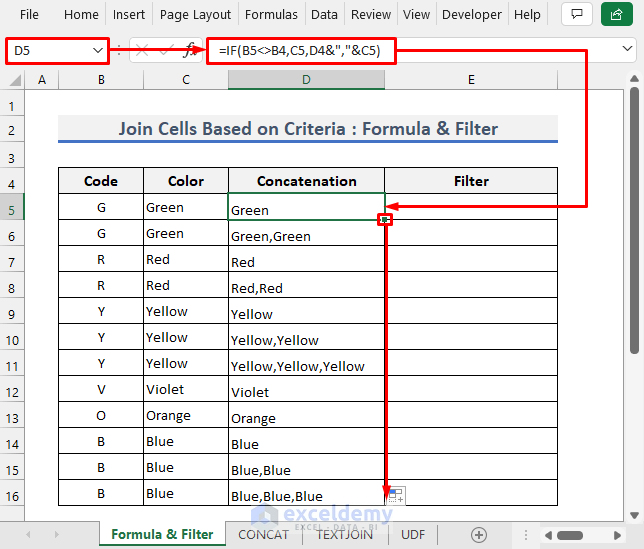 formula to concatenate multiple cells in excel based on criteria