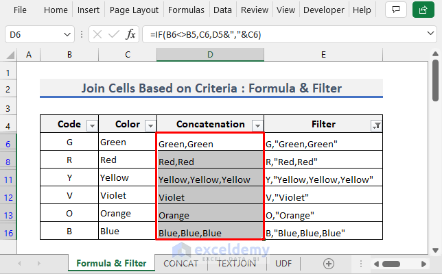 Formula in excel to concatenate multiple cells based on criteria