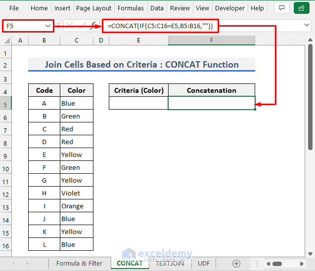 CONCAT & IF Functions to concatenate multiple cells in excel based on criteria