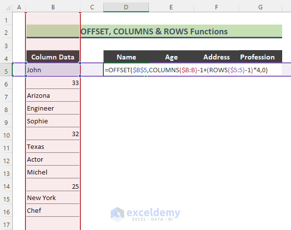 Excel Formulas with OFFSET Function to Convert One Column to Multiple Rows