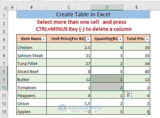 create table in excel shortcut