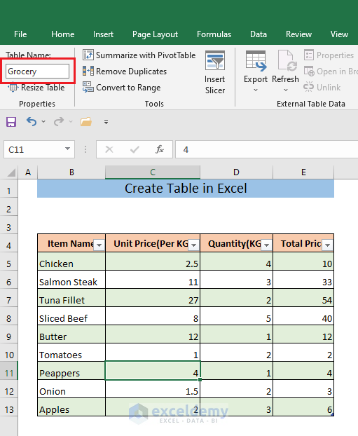create table in excel shortcut