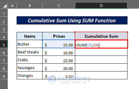 entering formula for cumulative sum using sum function