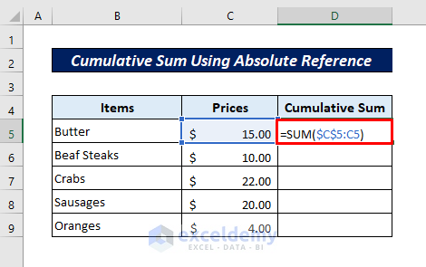 formula for cumulative sum using absolute reference