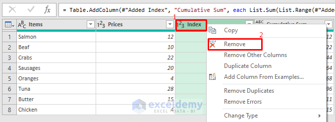removing index column in Power Query Editor table for cumulative sum