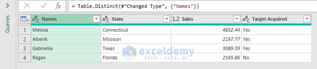 Data table in the Power Query Editor with unique names