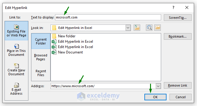 Use Link Option to Modify Hyperlink (from Insert Tab in Excel)