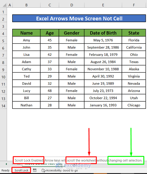 excel arrows move screen not cell