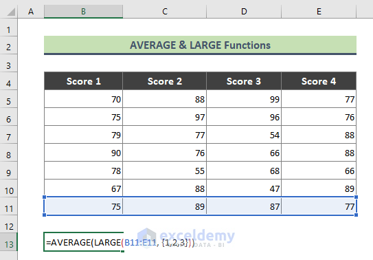 Combination of Excel AVERAGE and LARGE Functions to Get Average from Multiple Columns
