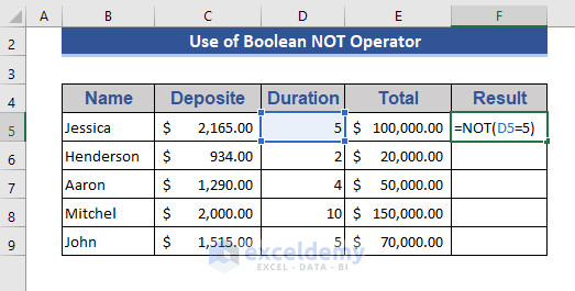 Excel NOT Boolean Operator