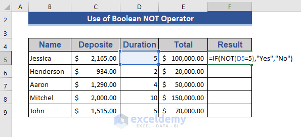 Excel NOT Boolean Operator