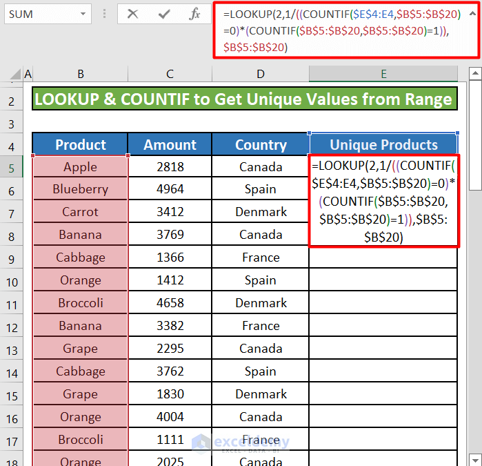 Perform the LOOKUP and COUNTIF Formula to Get Unique Values that Appear Only Once
